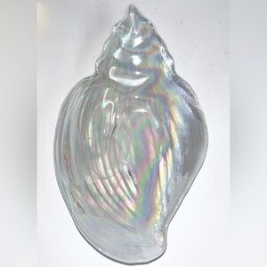 VTG Iridescent Clear W/ White Swirls Glass Conch Seashell 14”x8.5"x4” Bowl EUC